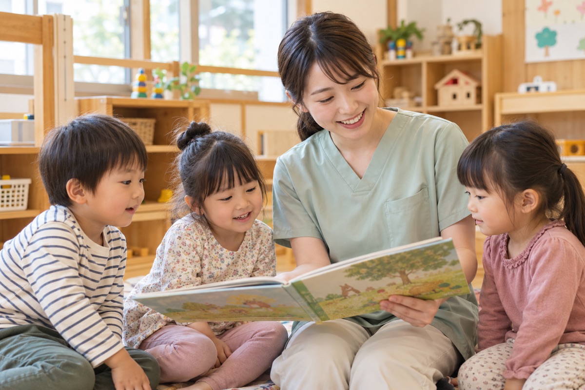 園内で子どもたちに絵本を読む看護師を表現した生成イメージ