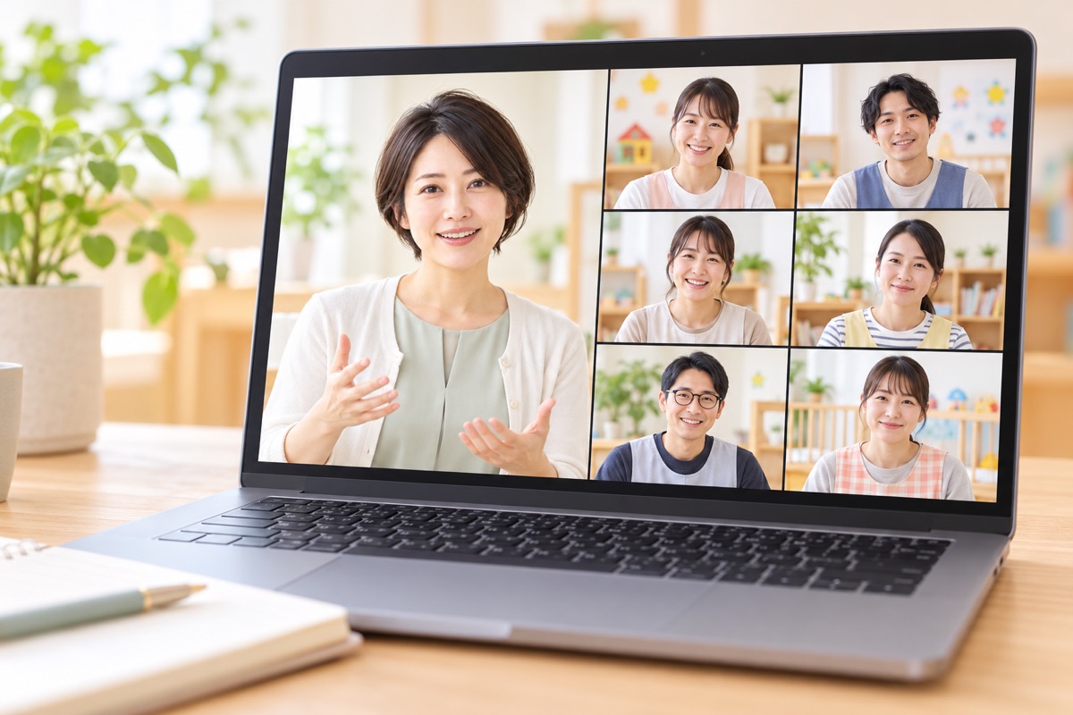 架空の女性講師と参加者の顔が並ぶオンライン研修画面の生成イメージ