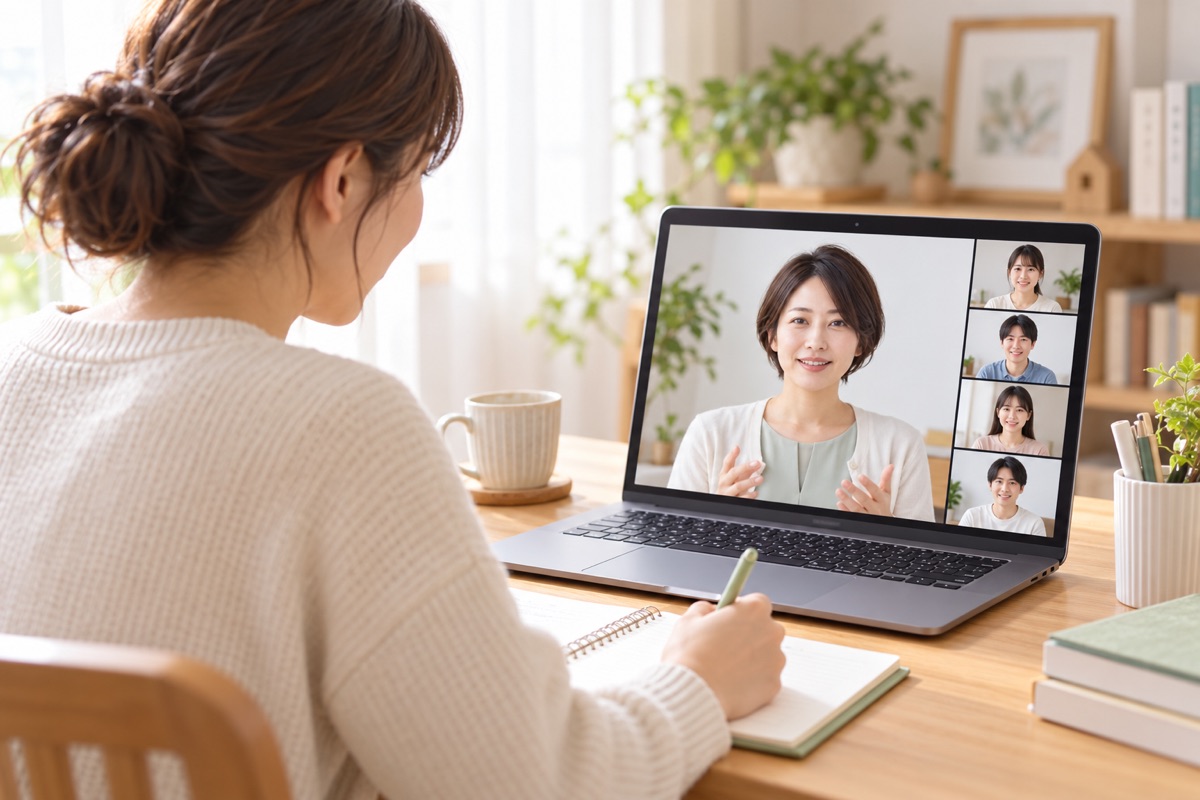 自宅のPCでオンライン研修に参加する保育士の生成イメージ