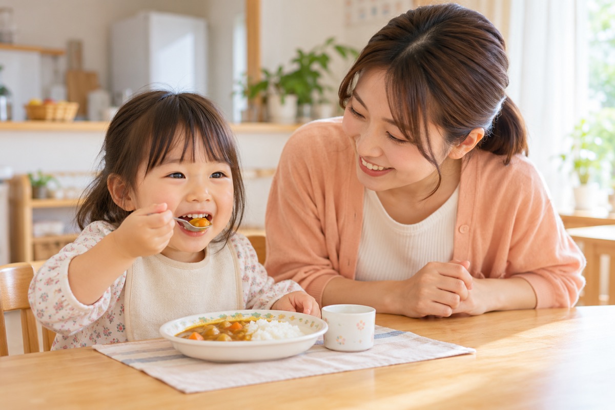 家庭でカレーを食べる子どもを女性が見守る生成イメージ