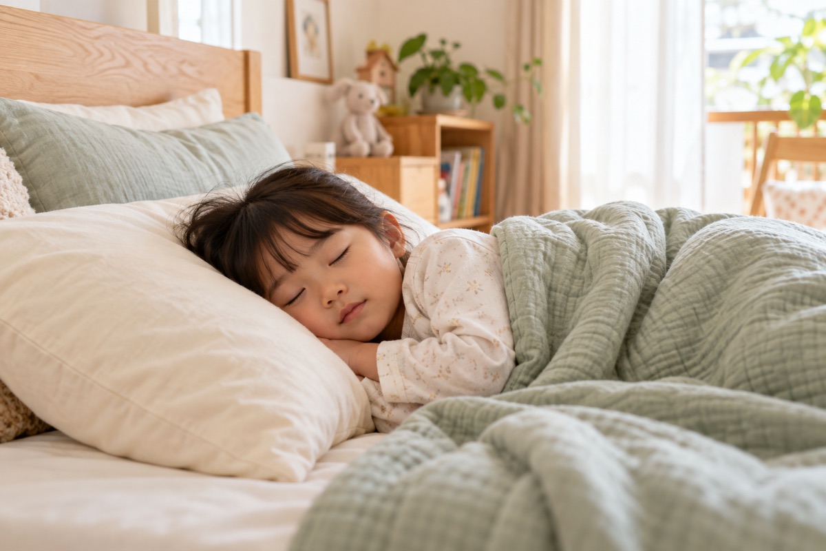 家庭のベッドで安心して眠る架空の子どもの生成イメージ